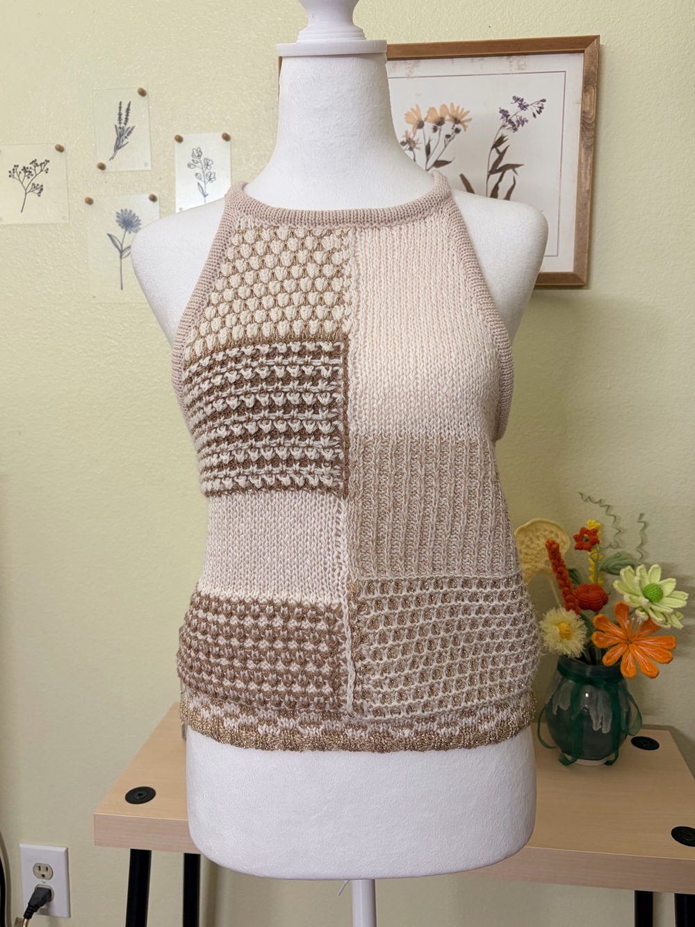 Entro Coastal Boho Patchwork Knit Halter Style Sweater Tank Top